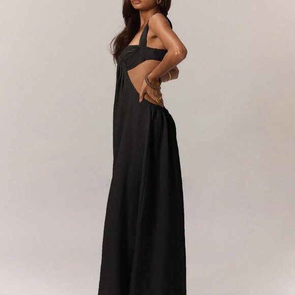 Black Sexy Women's Boho Ruched Bust Extreme Wide Leg Jumpsuit - Picture 3 of 5